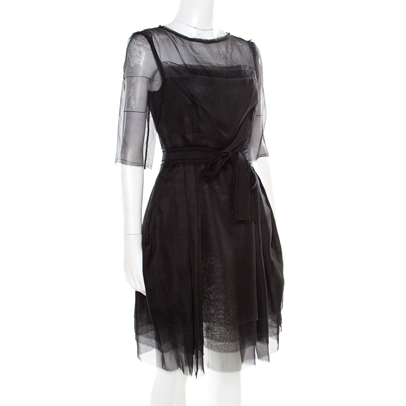 Pre-owned Lanvin Black Silk Organza Raw Edge Detail Sheer Yoke Layered Dress S
