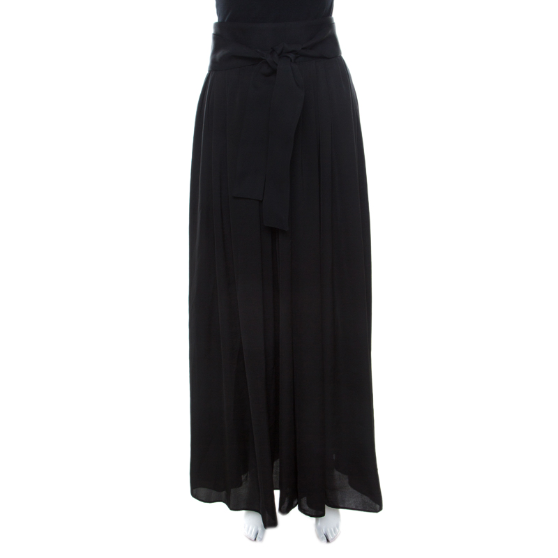 Pre Owned Lanvin Black Crinkled Satin Effect Pleated Tie Up Detail Palazzo Pants M