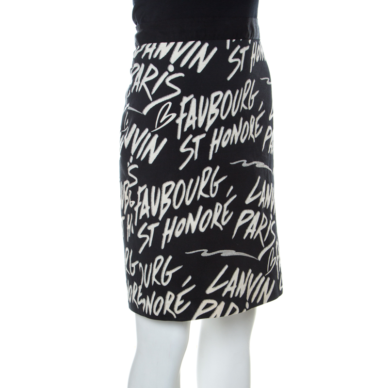 

Lanvin Black Printed Cotton Stretch Sheath Skirt