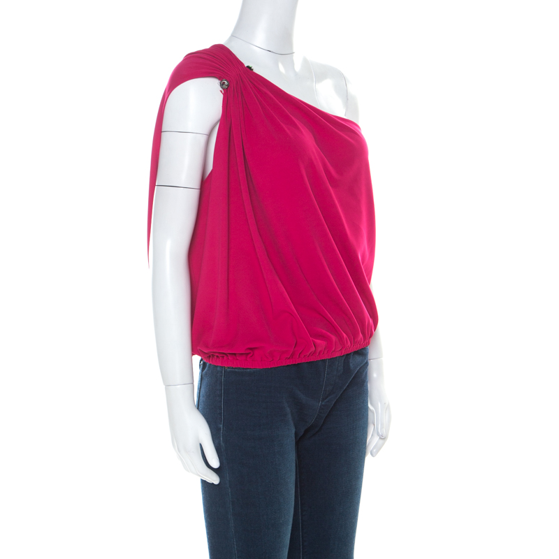 

Lanvin Fuchsia Pink Stretch Embellished Gathered One Shoulder Top