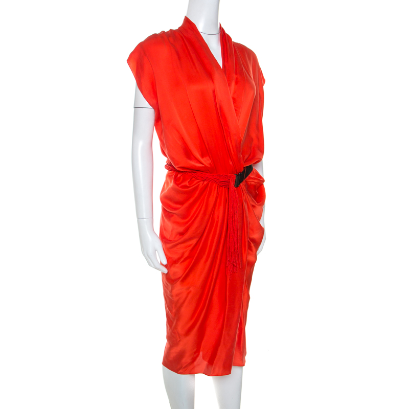 

Lanvin Orange Silk Draped Front Belted Dress