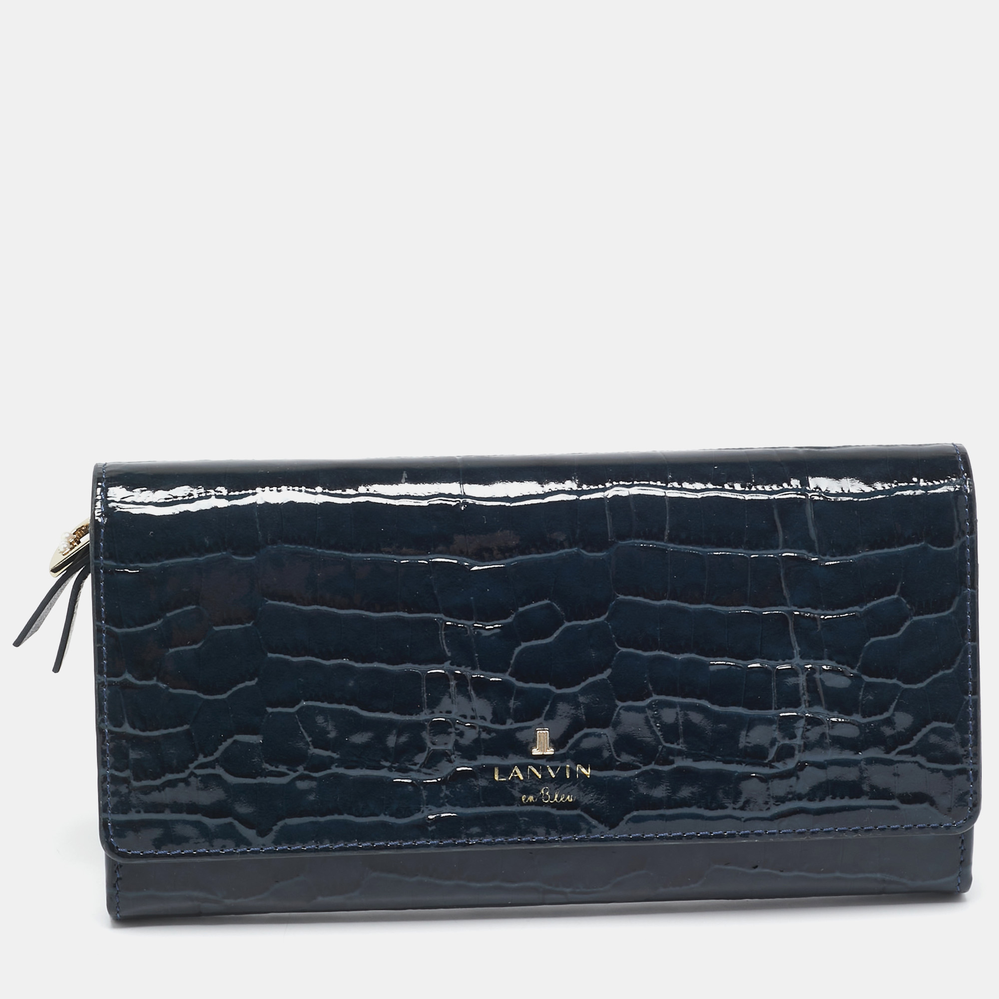 

Lanvin Navy Blue Croc Embossed Patent Leather Continental Wallet