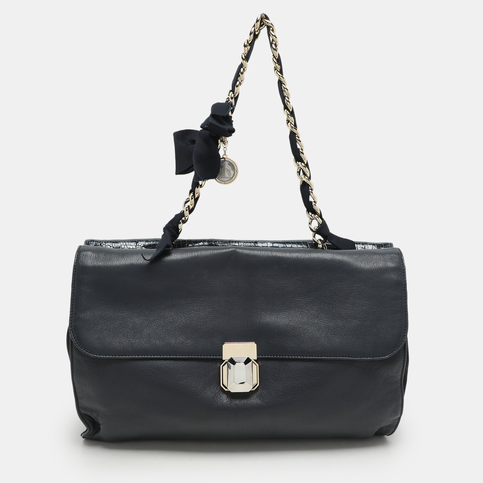 

Lanvin Navy Blue Croc Embossed and Leather Flap Shoulder Bag
