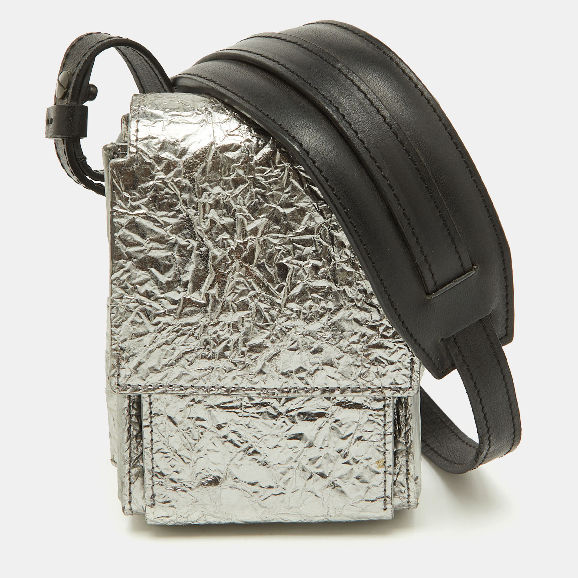 

Lanvin Silver Foil Leather Crackled Mini Crossbody Bag