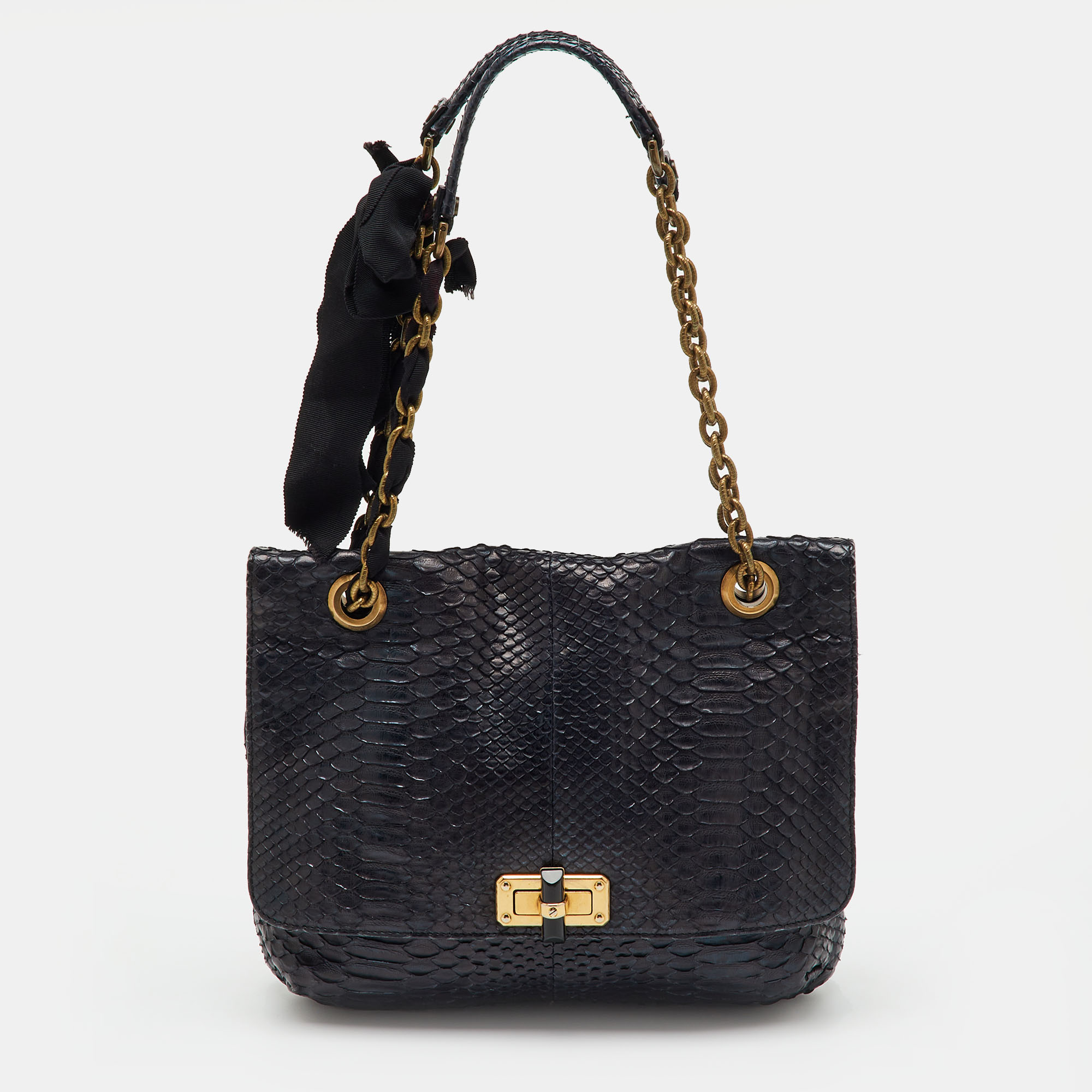 

Lanvin Navy Blue Python Happy Flap Shoulder Bag