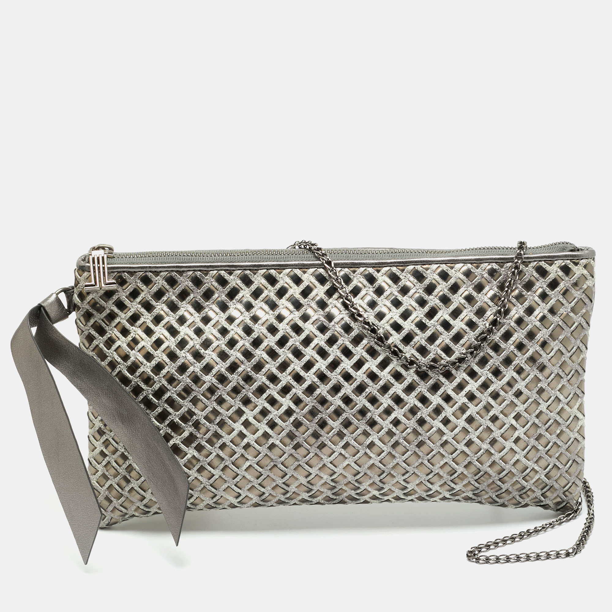

Lanvin Woven Metallic/Grey Patent Leather and Suede Chain Clutch