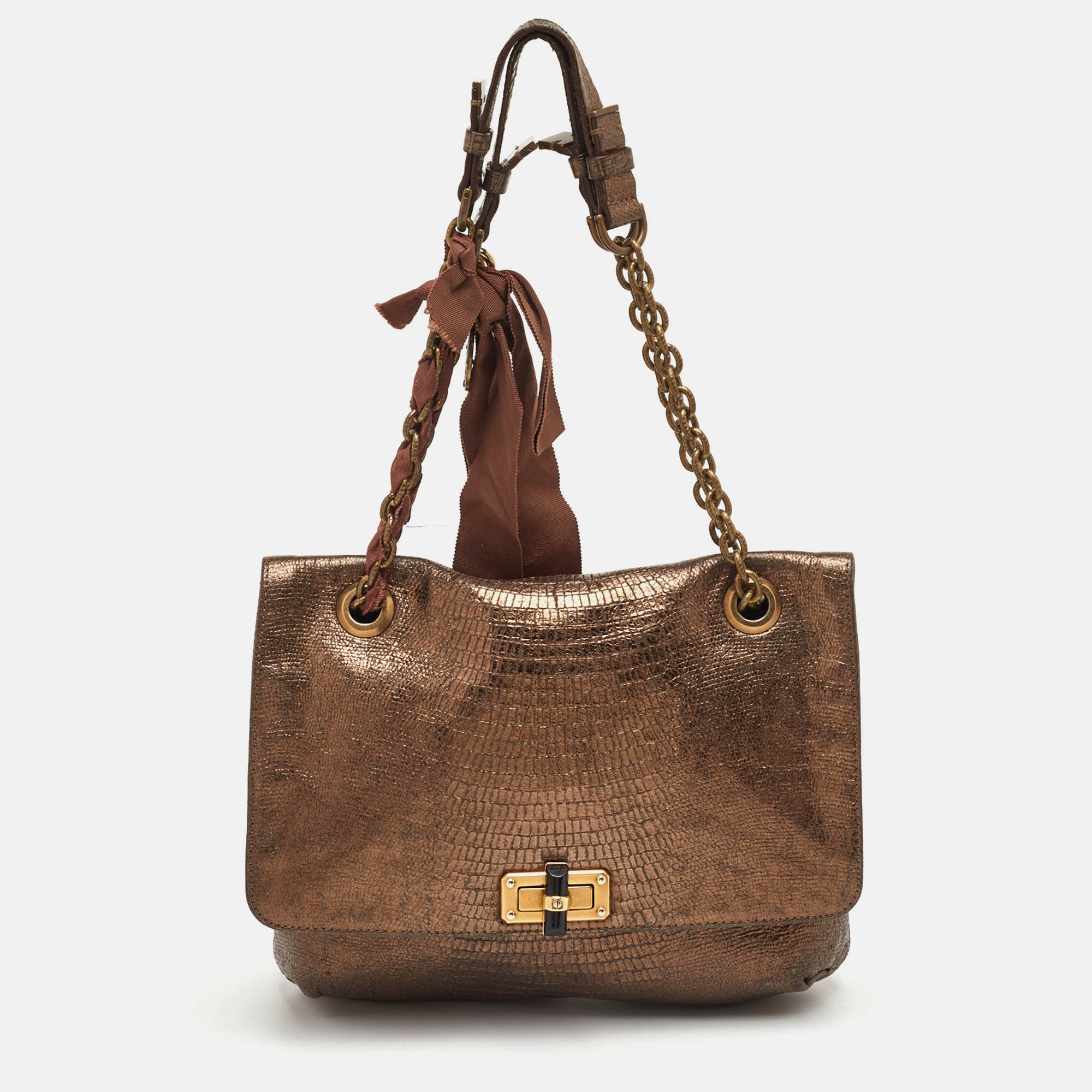 Pre-owned Lanvin Happy Metallic Lizard Embossed Leather Shoulder Bag In Silver