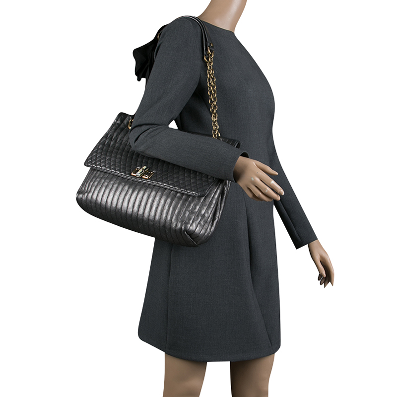 

Lanvin Metallic Grey Quilted Leather Happy Shoulder Bag