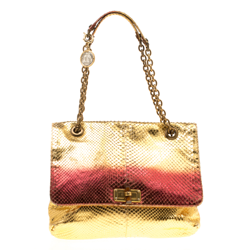 Pre Owned Lanvin Gold/Metallic Red Python Happy Shoulder Bag