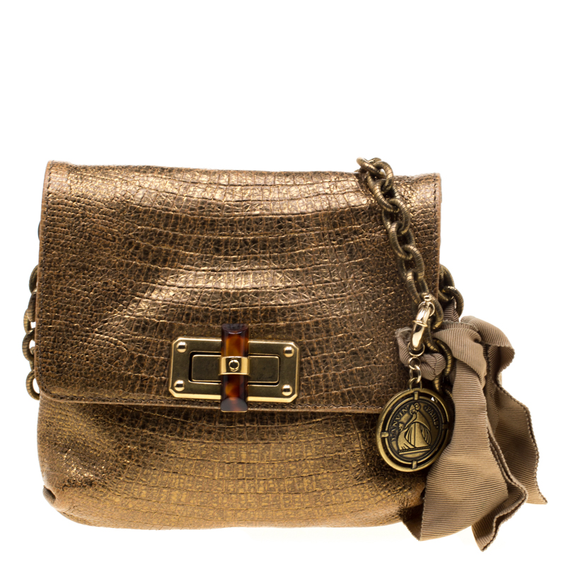 Pre Owned Lanvin Gold Lizard Embossed Leather Mini Happy Crossbody Bag