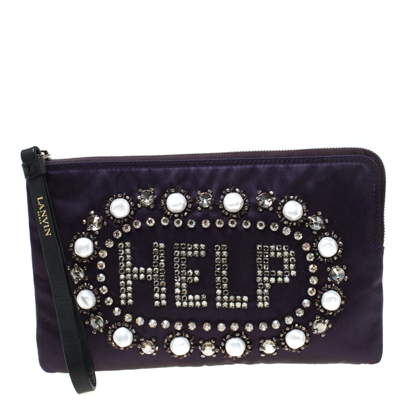 Pre Owned Lanvin Violet Embellished Satin Wristlet Clutch