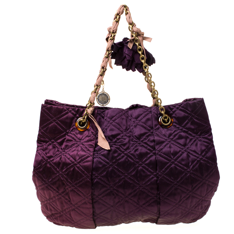 Pre Owned Lanvin Purple Quilted Satin Large Pleated Hobo