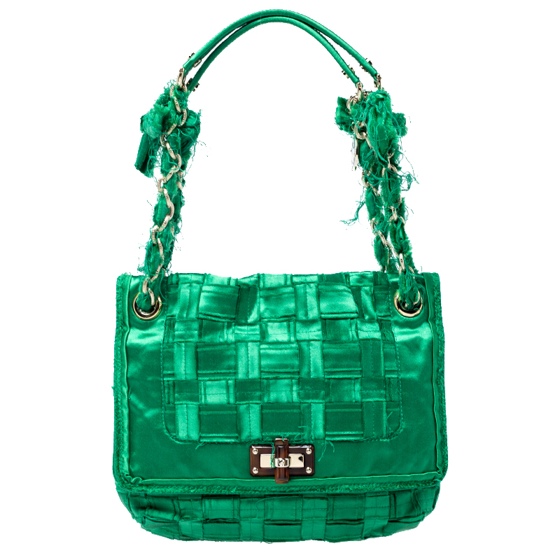 Pre Owned Lanvin Green Woven Satin Happy Flap Shoulder Bag