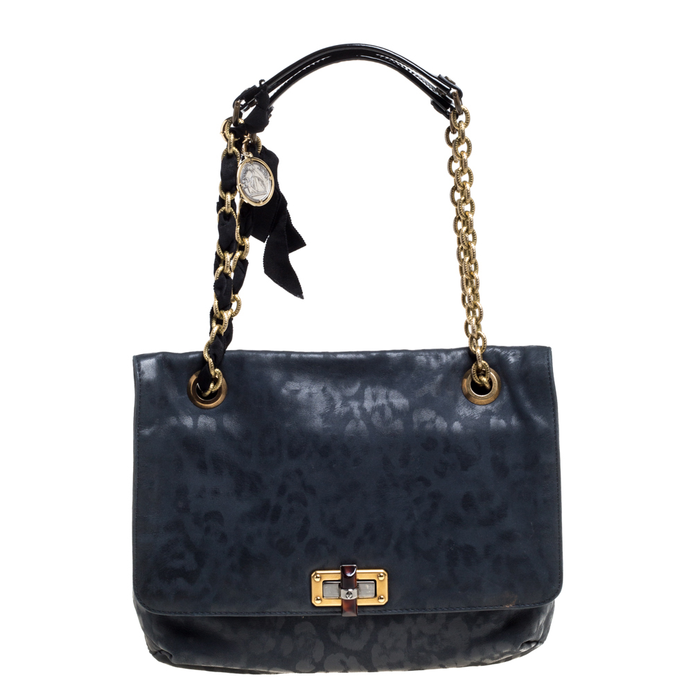 Pre Owned Lanvin Navy Blue Leopard Print Leather Medium Happy Shoulder Bag