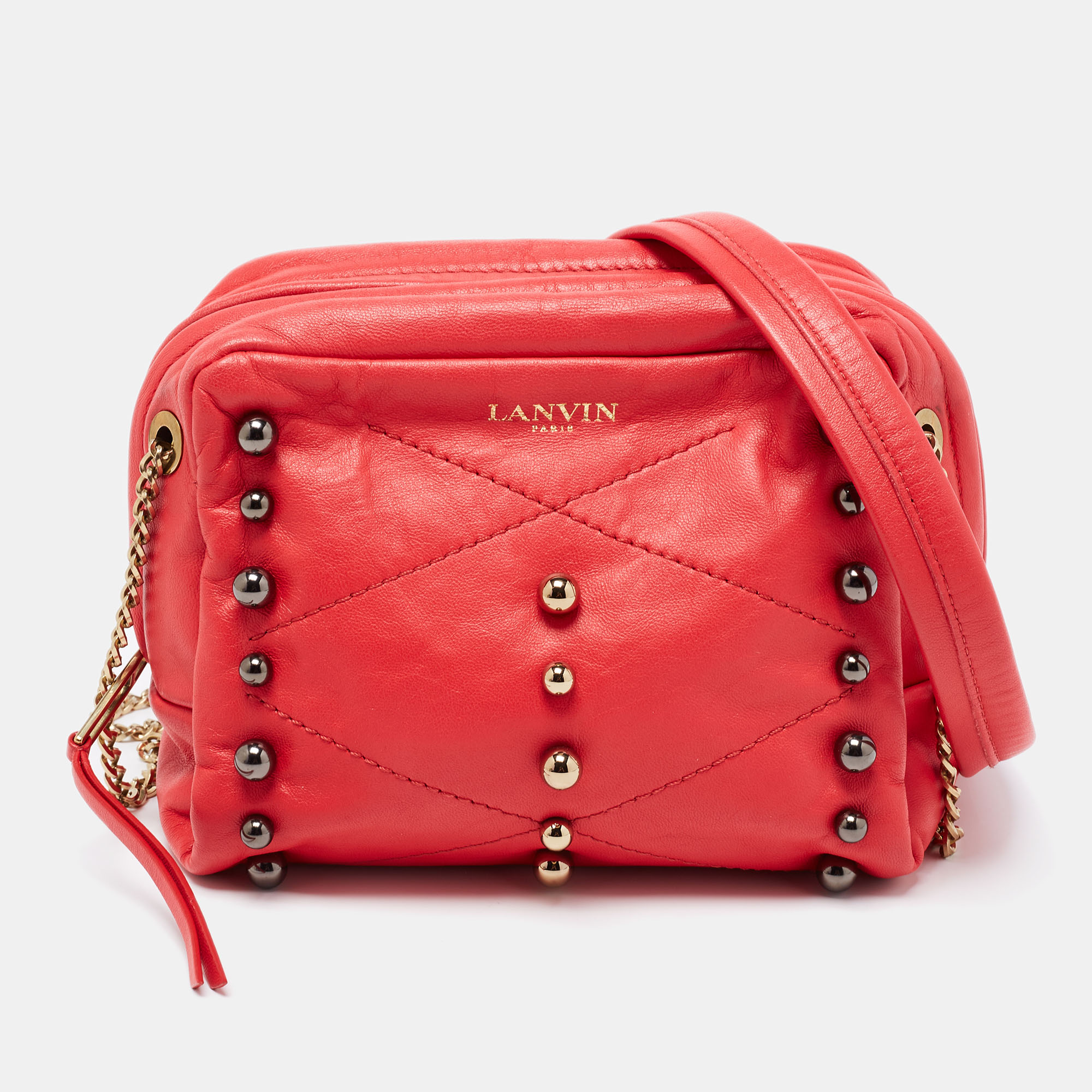 This Lanvin bag with all its striking elements is worth every penny. Created from leather its desirability is enhanced with the addition of studs on the front and the shoulder strap makes it functional. The brand signature on the front lends it a recognizable accent and its lined interior is suitable for keeping your valuables safe.