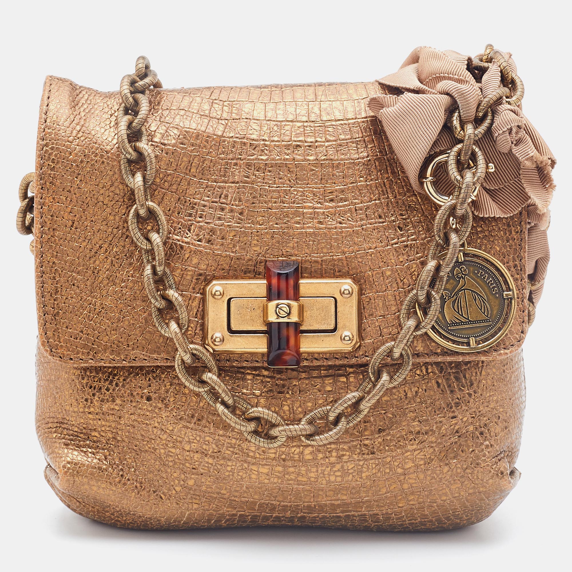 Lanvin Metallic Gold Croc Embossed Leather Flap Shoulder Bag