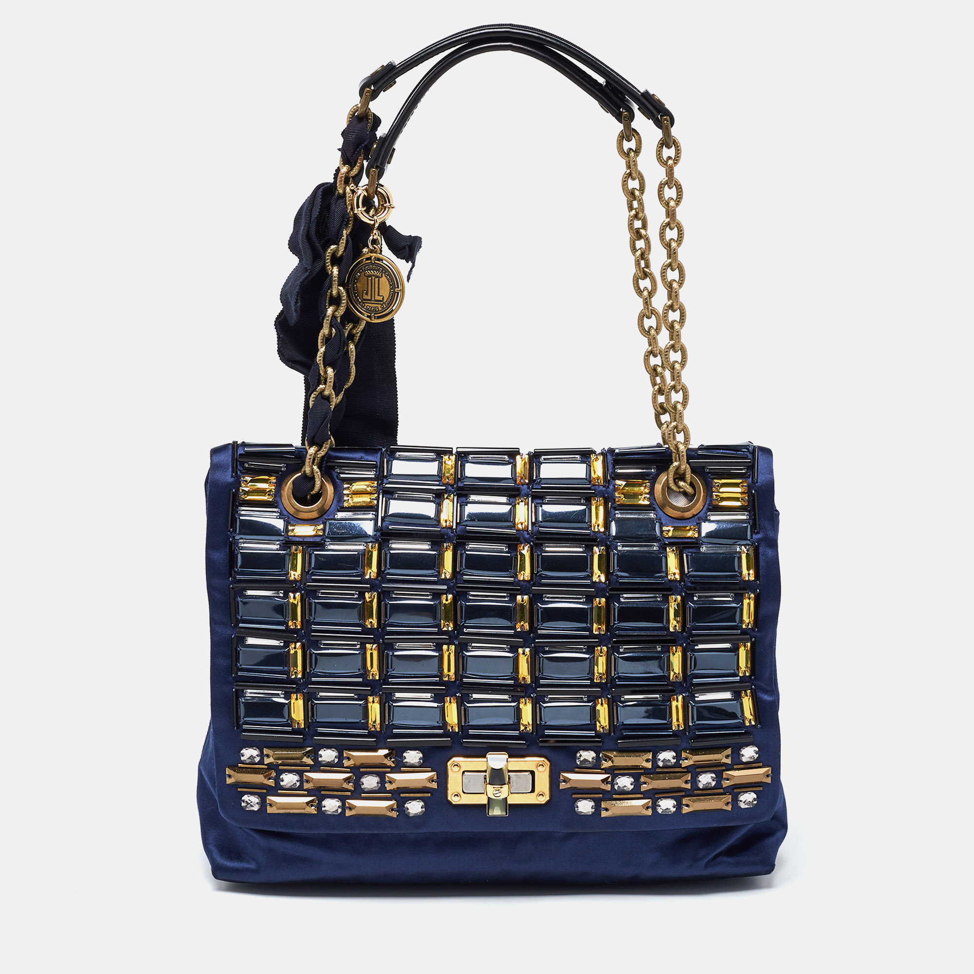

Lanvin Navy Blue/Black Satin and Leather Crystals Embellished Happy Shoulder Bag