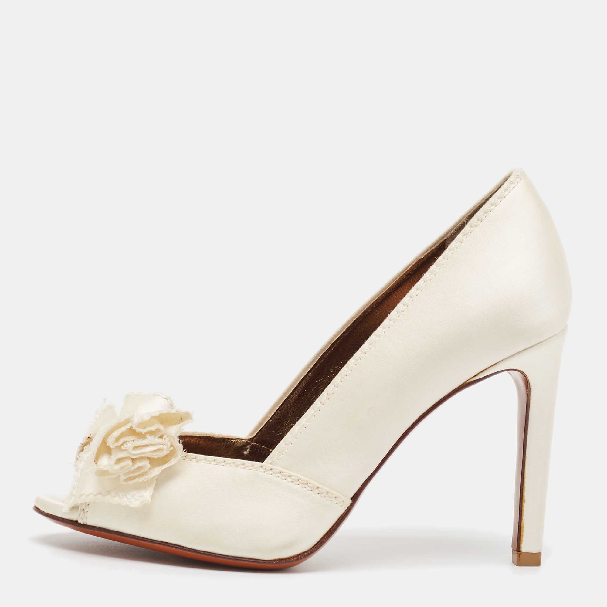 Pre-owned Lanvin White Satin Peep Toe Bow Pumps Size 36.5