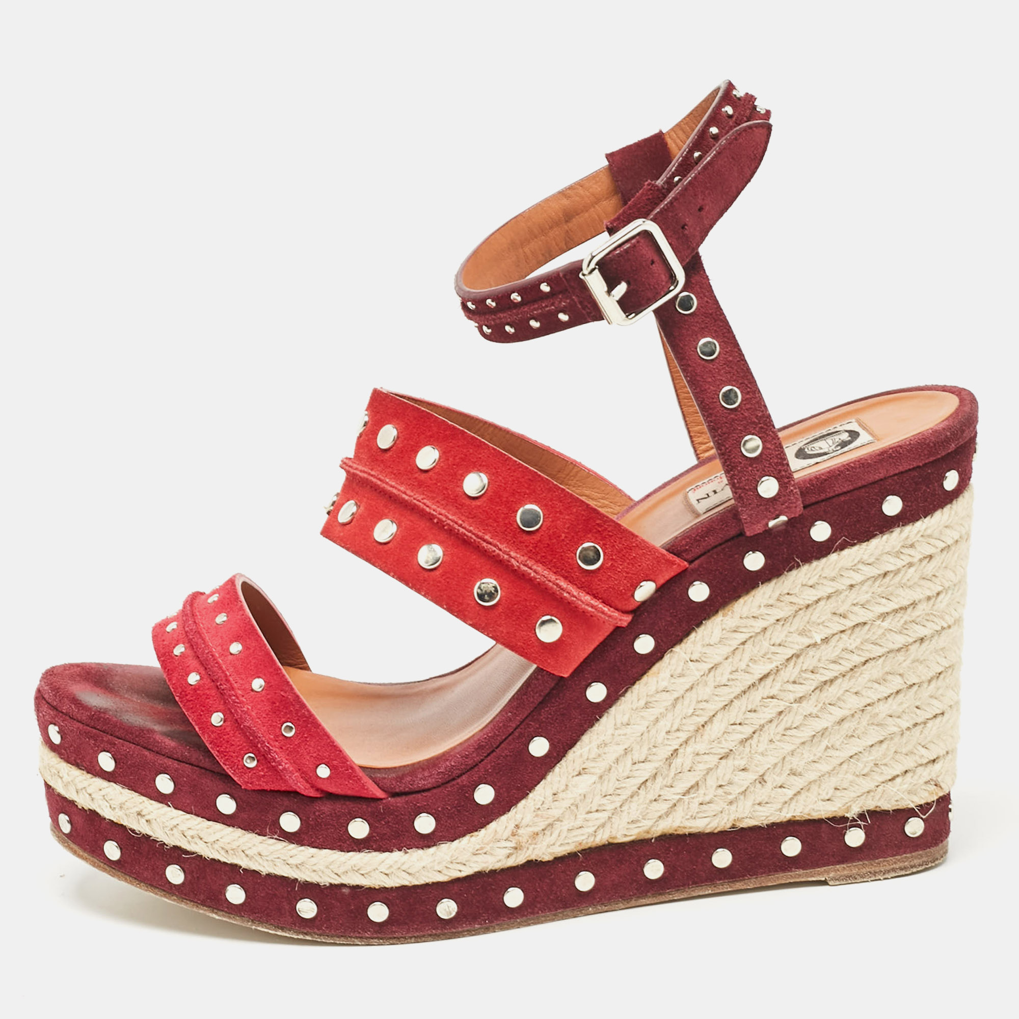 

Lanvin Multicolor Suede Studded Wedge Ankle Strap Sandals Size