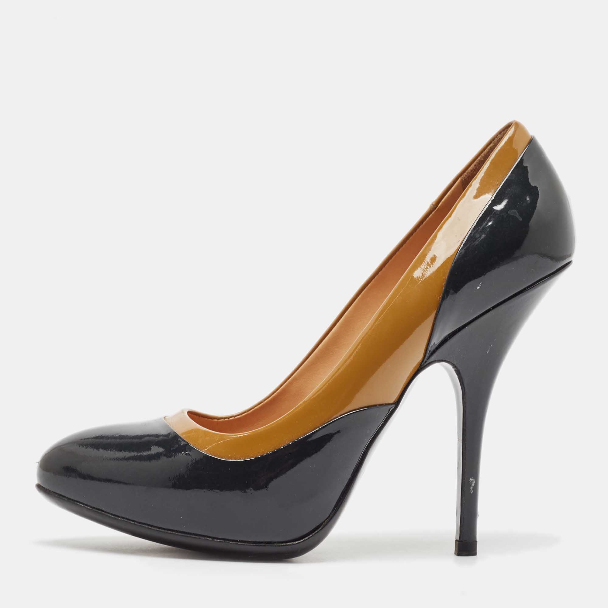 

Lanvin Brown/Navy Blue Patent Leather Round Toe Pumps Size