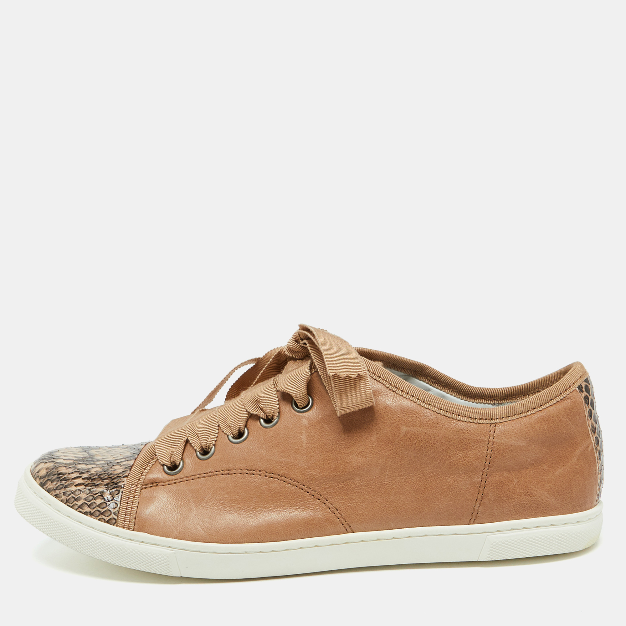 

Lanvin Brown Leather and Snakeskin Cap Toe Low Top Sneakers Size