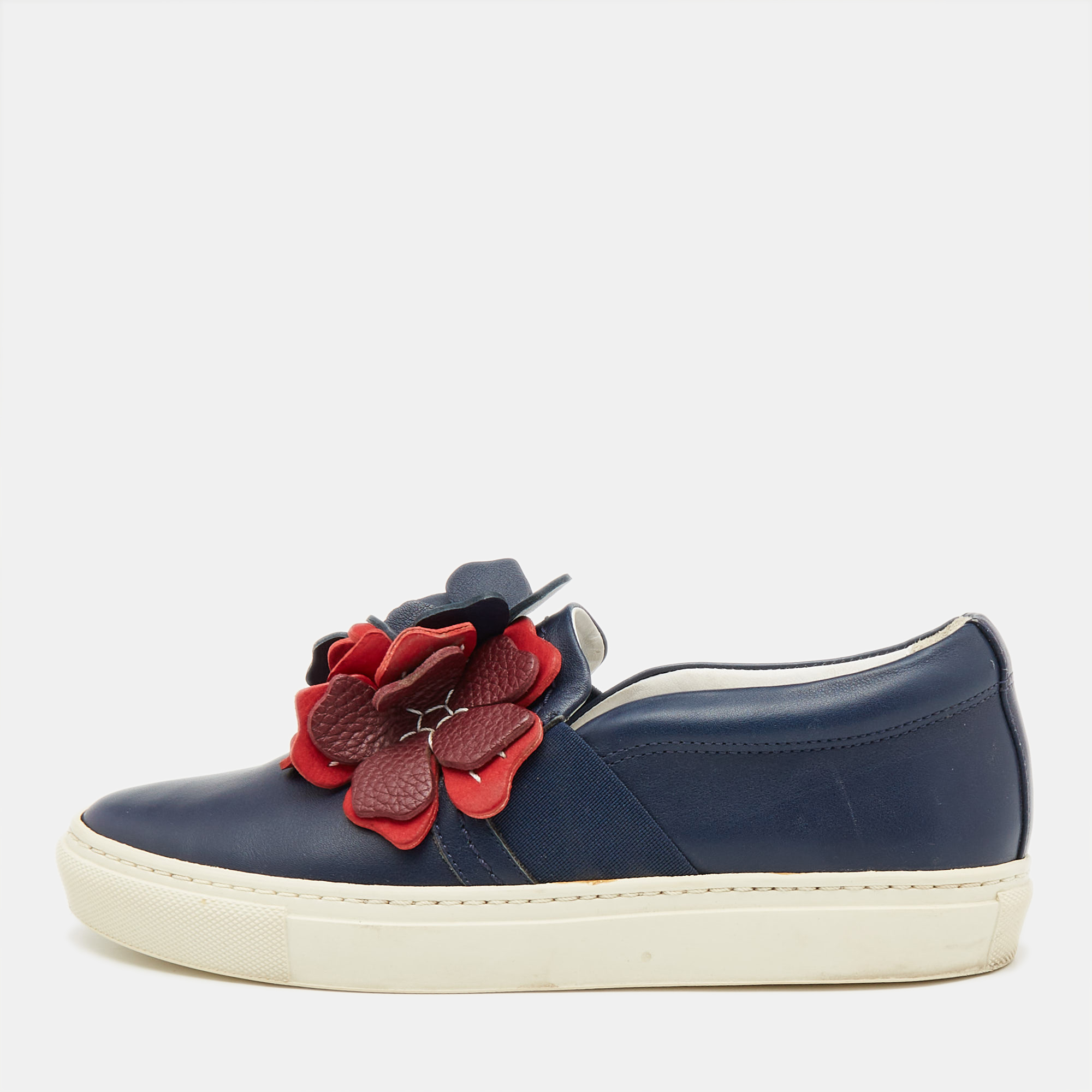 

Lanvin Navy Blue Leather Flower Embellished Slip On Sneakers Size 37