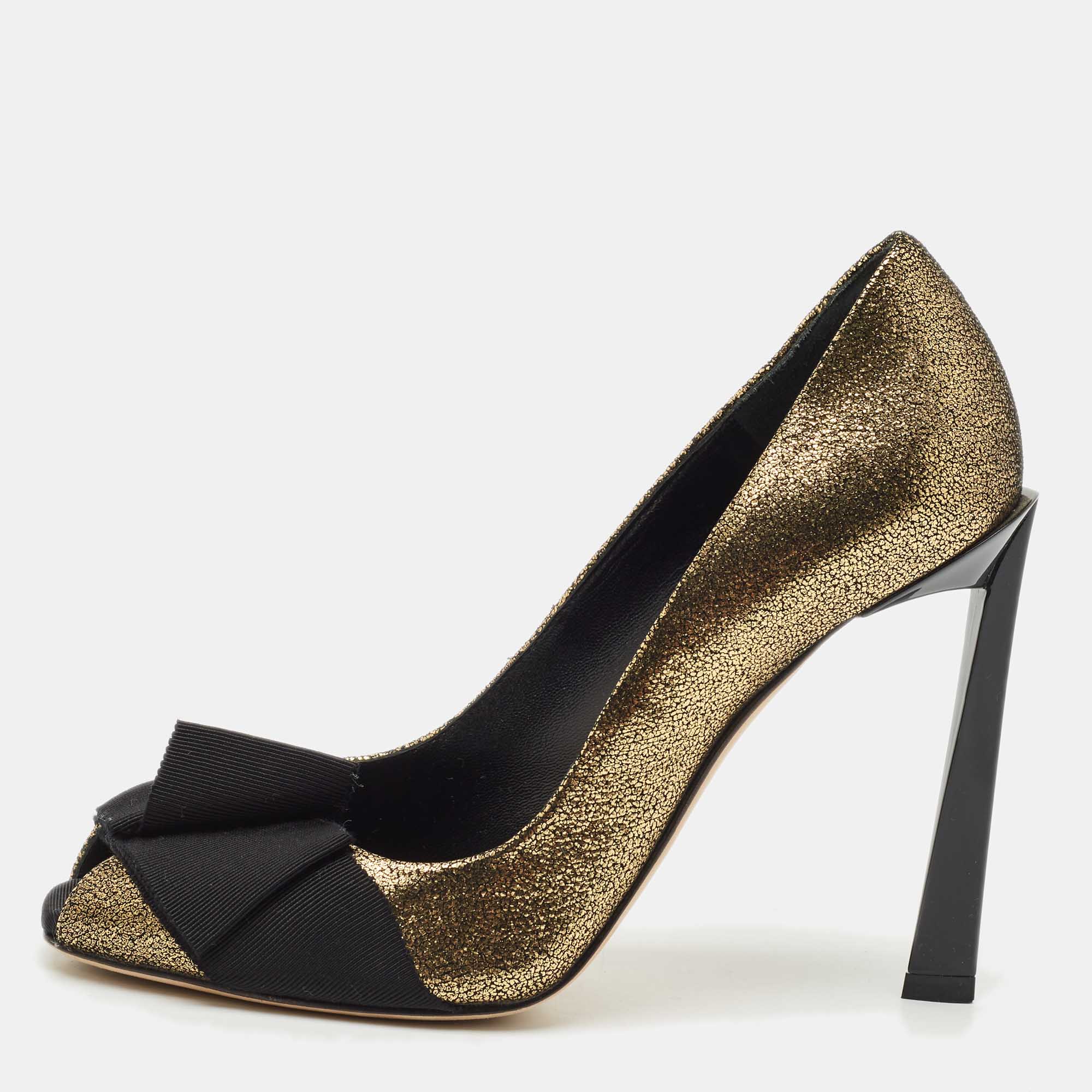 

Lanvin Gold/Black Fabric and Leather Bow Peep Toe Pumps Size