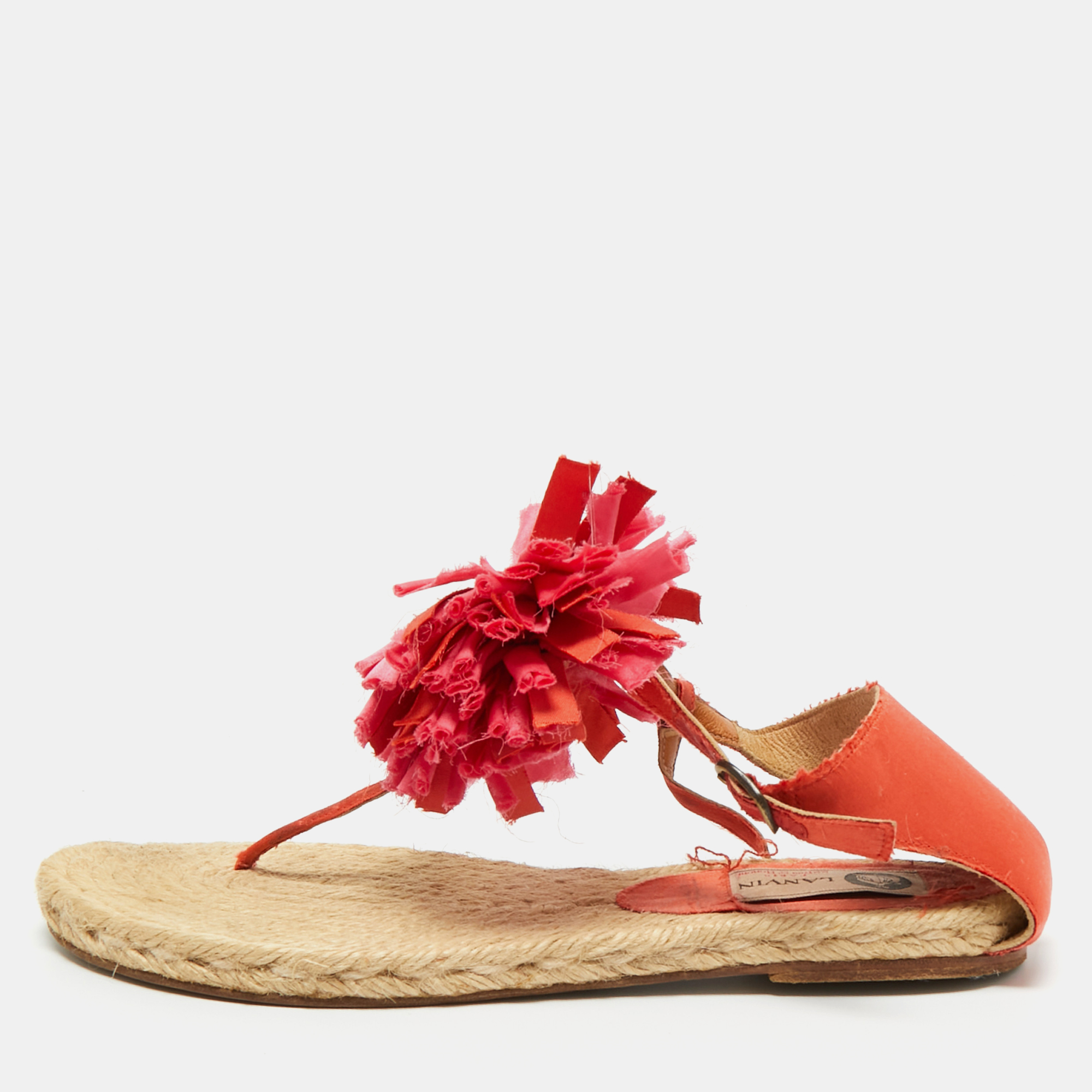 Lanvin Pink Satin Flower Bow Thong Espadrille Flat Sandals Size 39