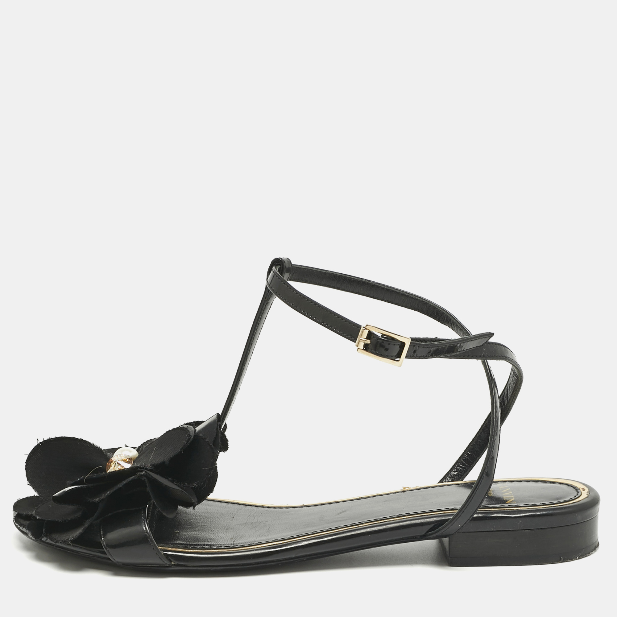 Lanvin Black Patent Leather and Satin Flower Flat Sandals Size 38