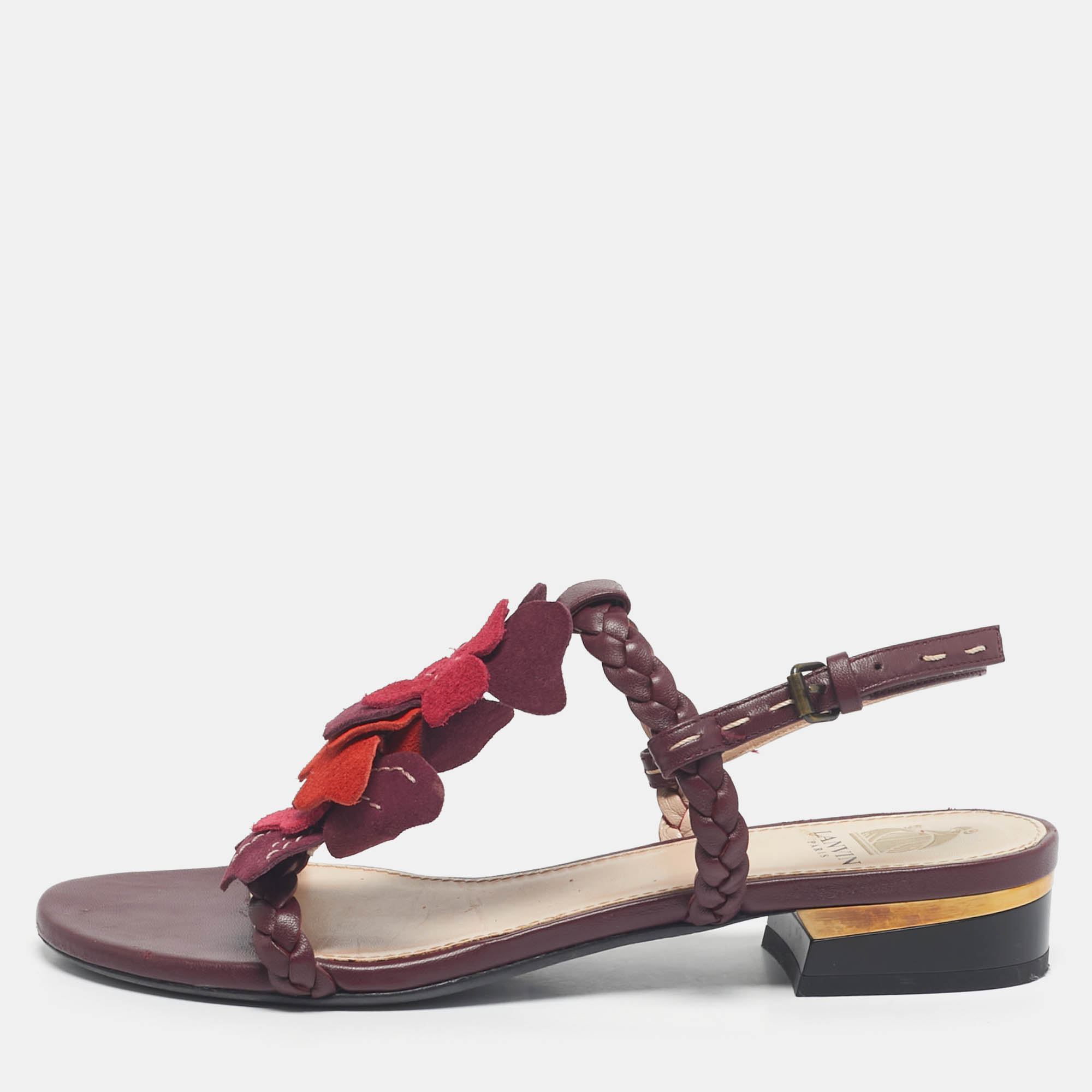 Lanvin Burgundy Leather and Suede Ankle Strap Sandals Size 37