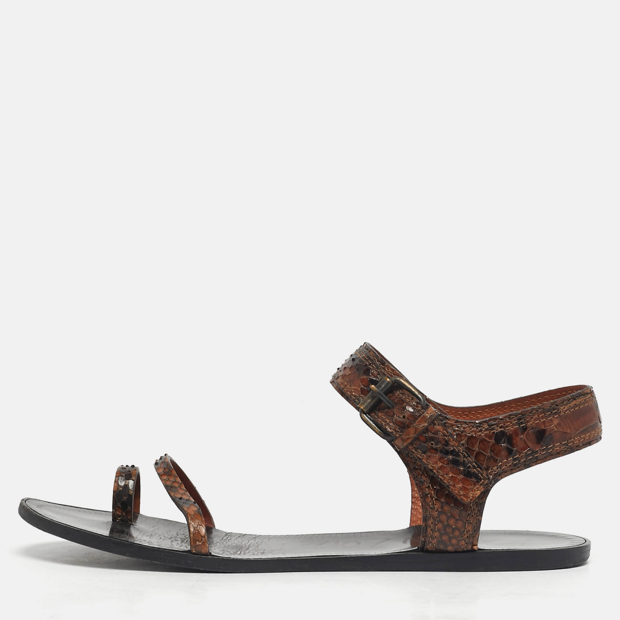 

Lanvin Size  Brown Snakeskin Leather Ring Toe Ankle Strap Flat Sandals