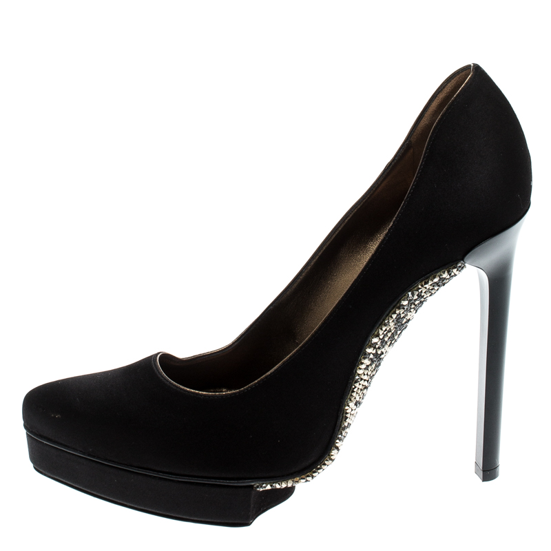 

Lanvin Black Satin Crystal Sole Platform Pumps Size