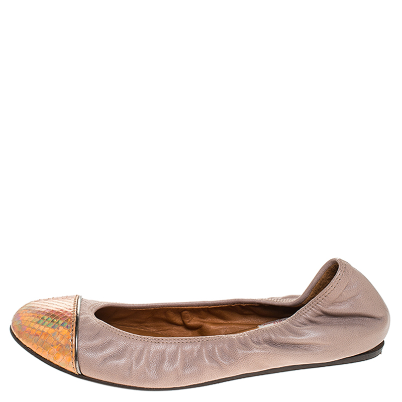 

Lanvin Mauve Beige Leather And Metallic Python Embossed Trim Cap Toe Ballet Flats Size