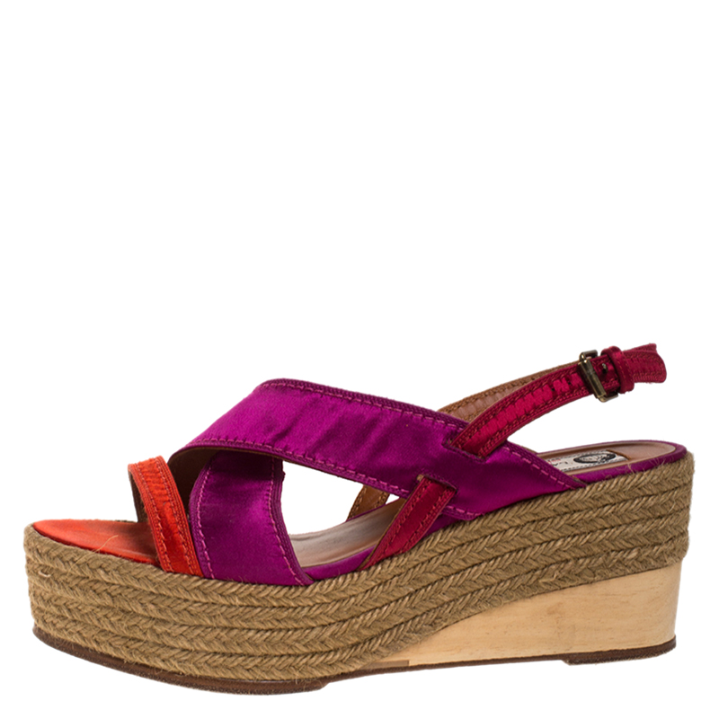 

Lanvin Tricolor Satin Espadrille Wedge Platform Ankle Strap Sandals Size, Purple