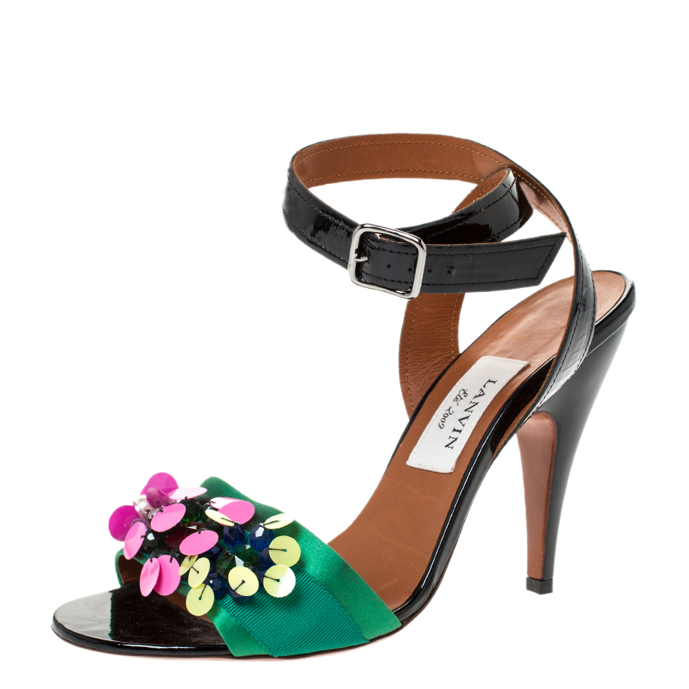 

Lanvin Multicolor Patent Leather and Satin Sequin Flower Embellished Sandals Size