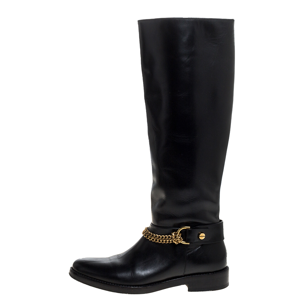 

Lanvin Black Leather Chain Embellished Knee High Boots Size