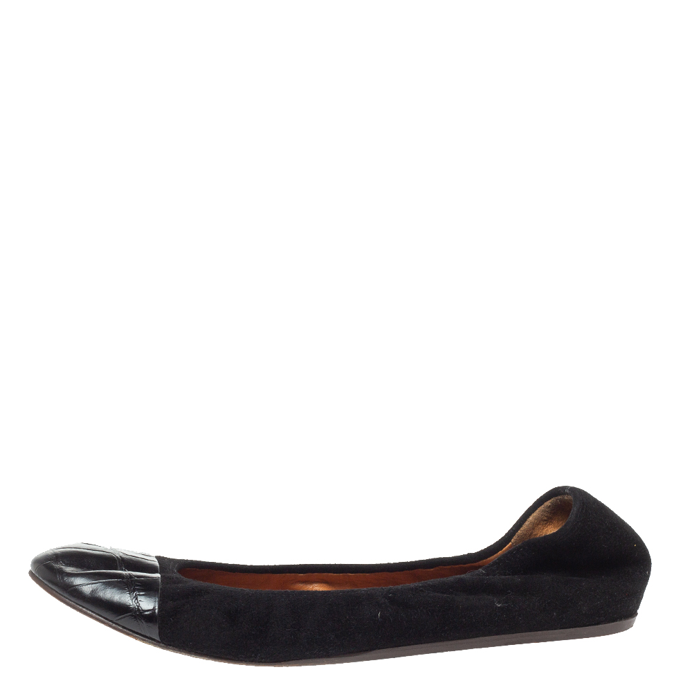 

Lanvin Black Croc Embossed Leather And Suede Ballet Flats Size