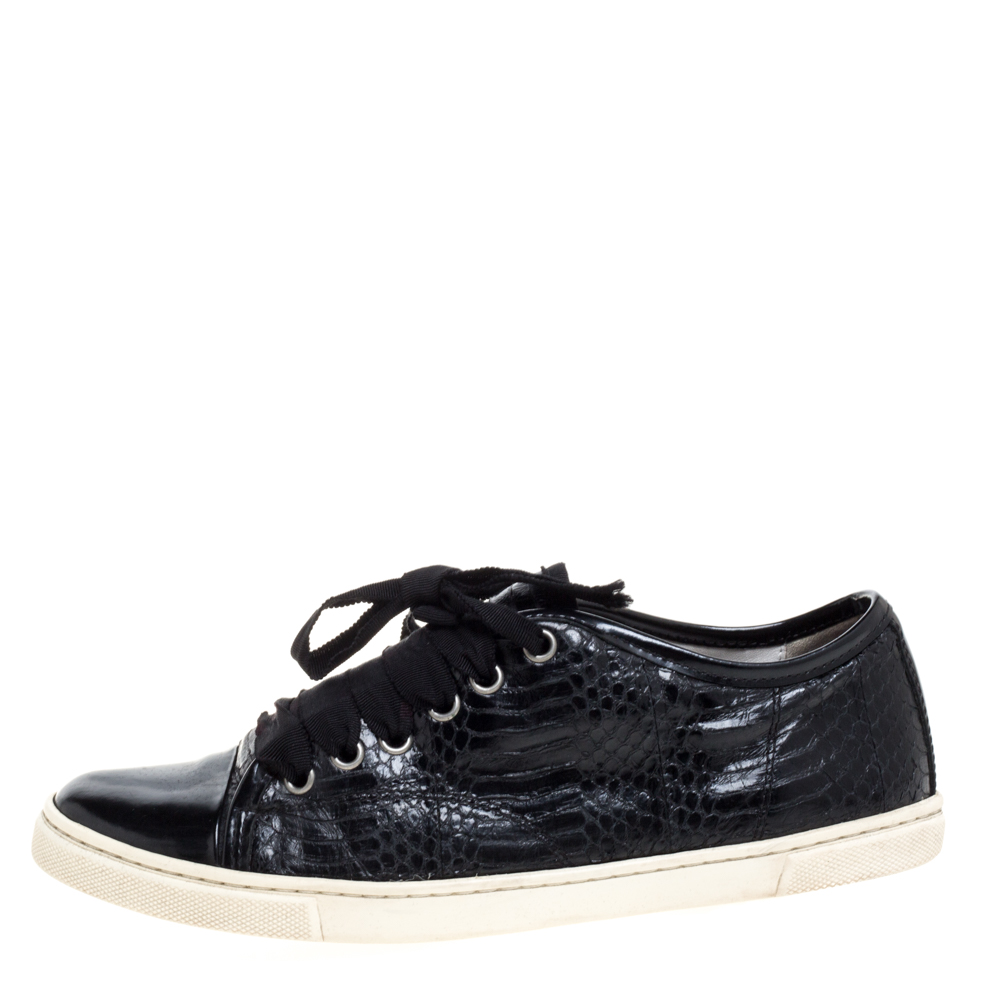 

Lanvin Black Python Embossed Leather and Patent Leather Lace Up Sneakers Size