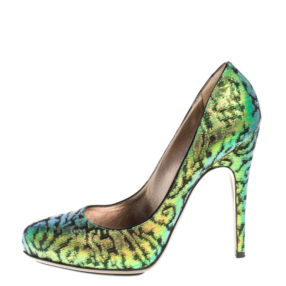 

Lanvin Multicolor Shimmer Fabric Slip On Pumps Size, Green