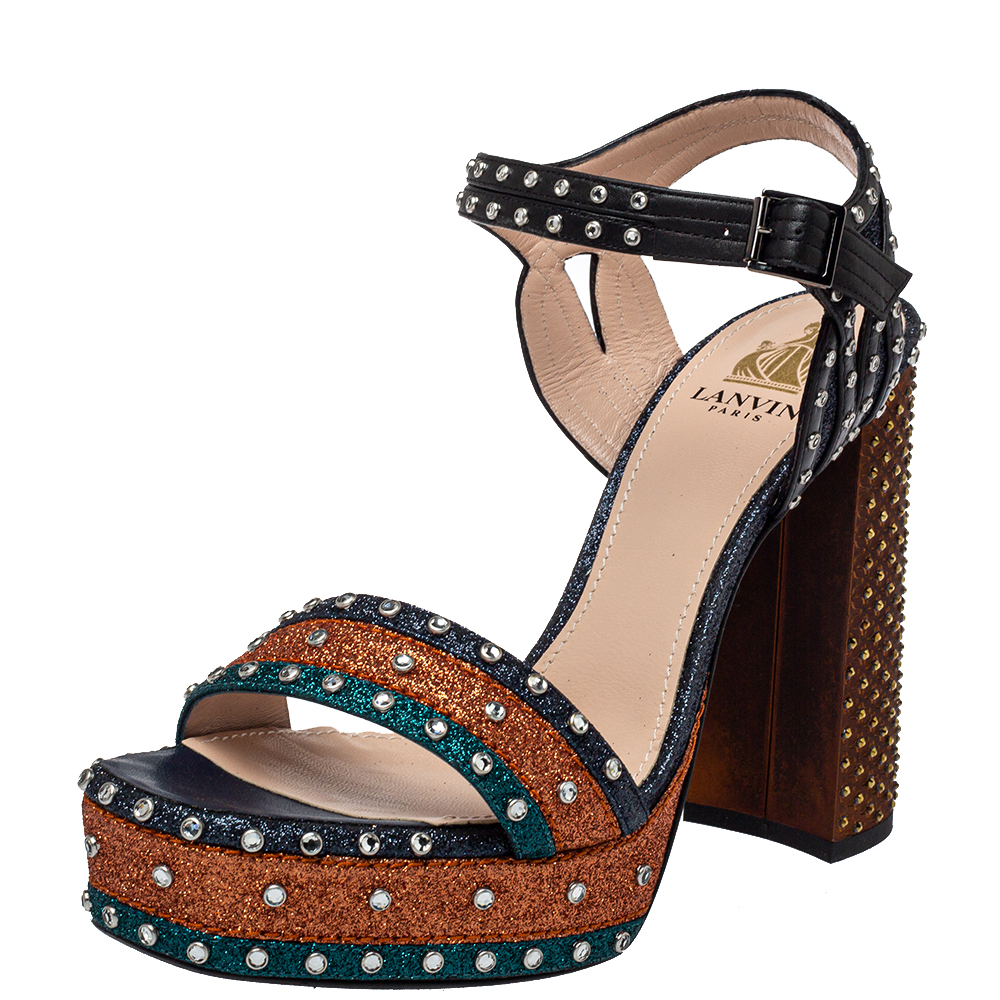 Pre-owned Lanvin Multicolor Leather And Glitter Crystal Embellishment Platform Ankle Strap Sandals Size 38.5