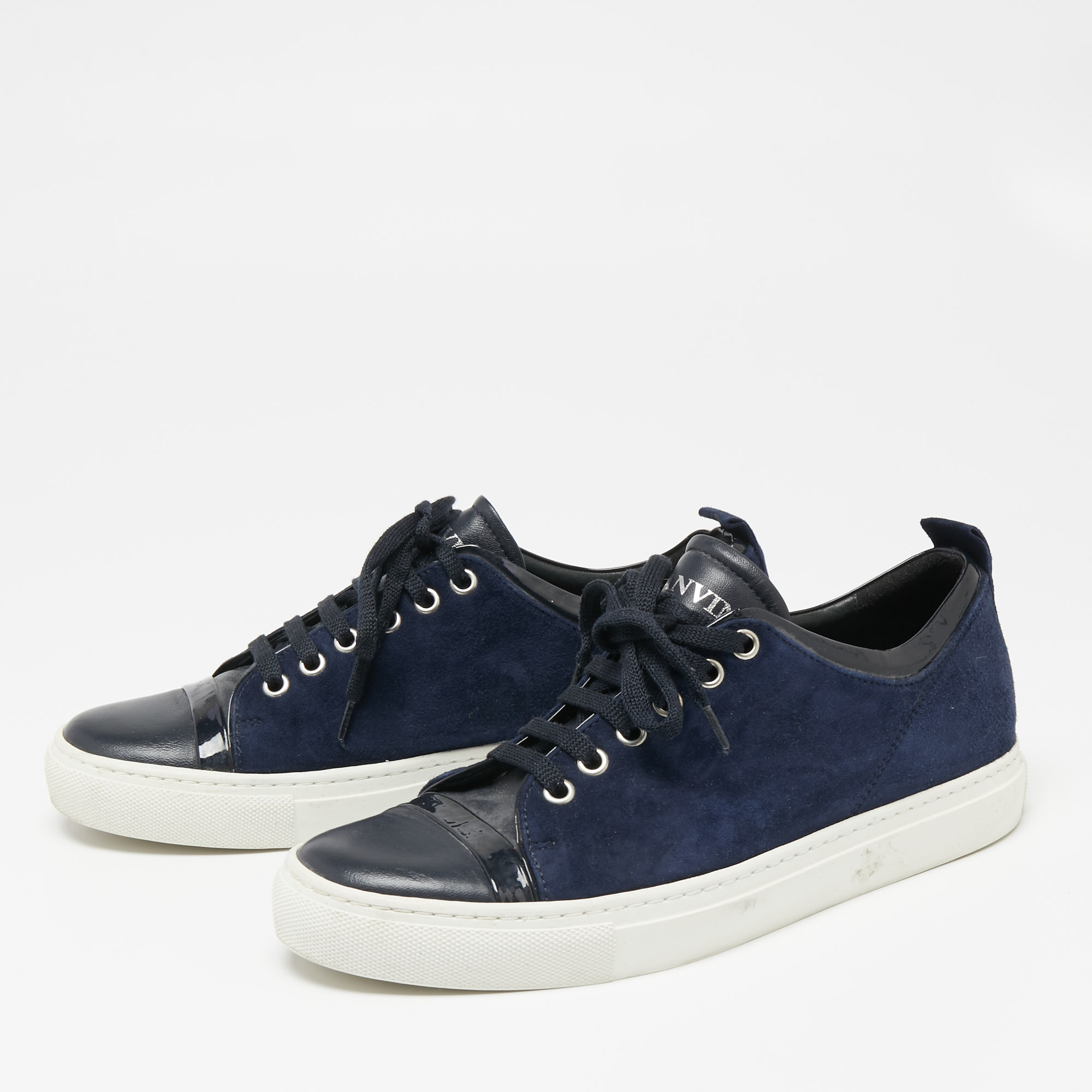 

Lanvin Navy Blue/Black Suede and Leather DDB1 Low Top Sneakers Size