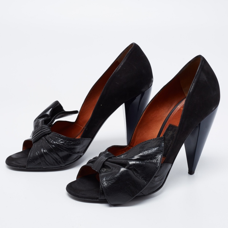 

Lanvin Black Leather Knotted Bow Peep Toe Pumps Size