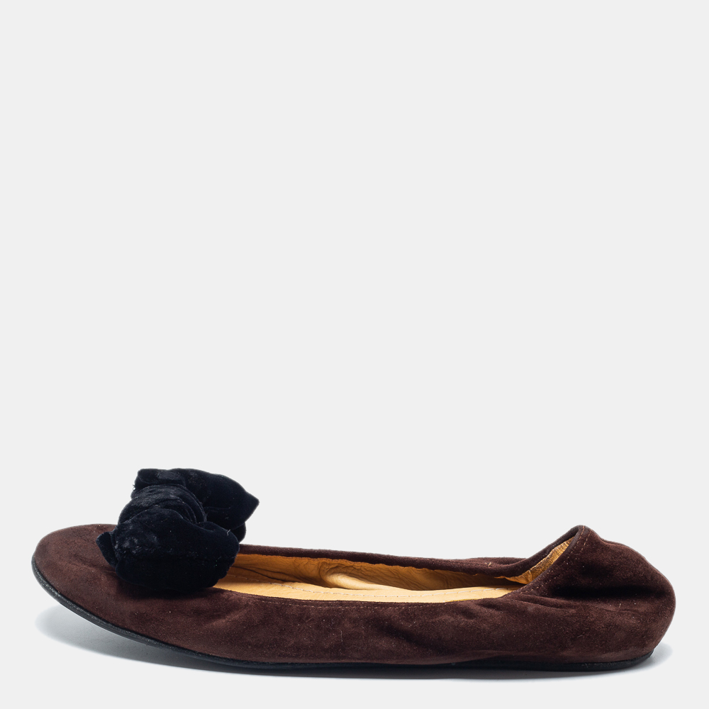 

Lanvin Brown Suede Leather Bow Scrunch Ballet Flats Size