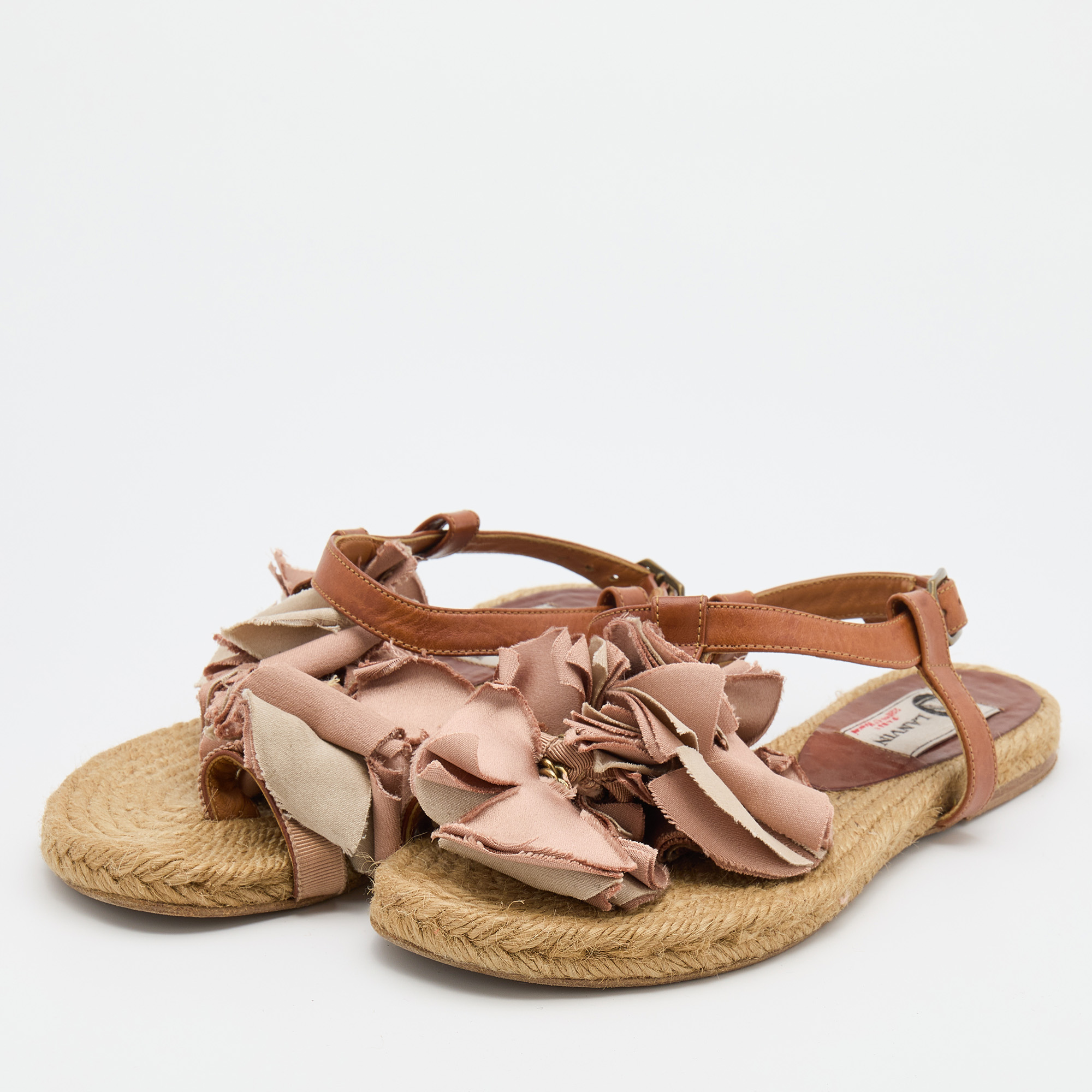 

Lanvin Pink/Brown Satin and Leather Flower T Strap Espadrille Flats Size