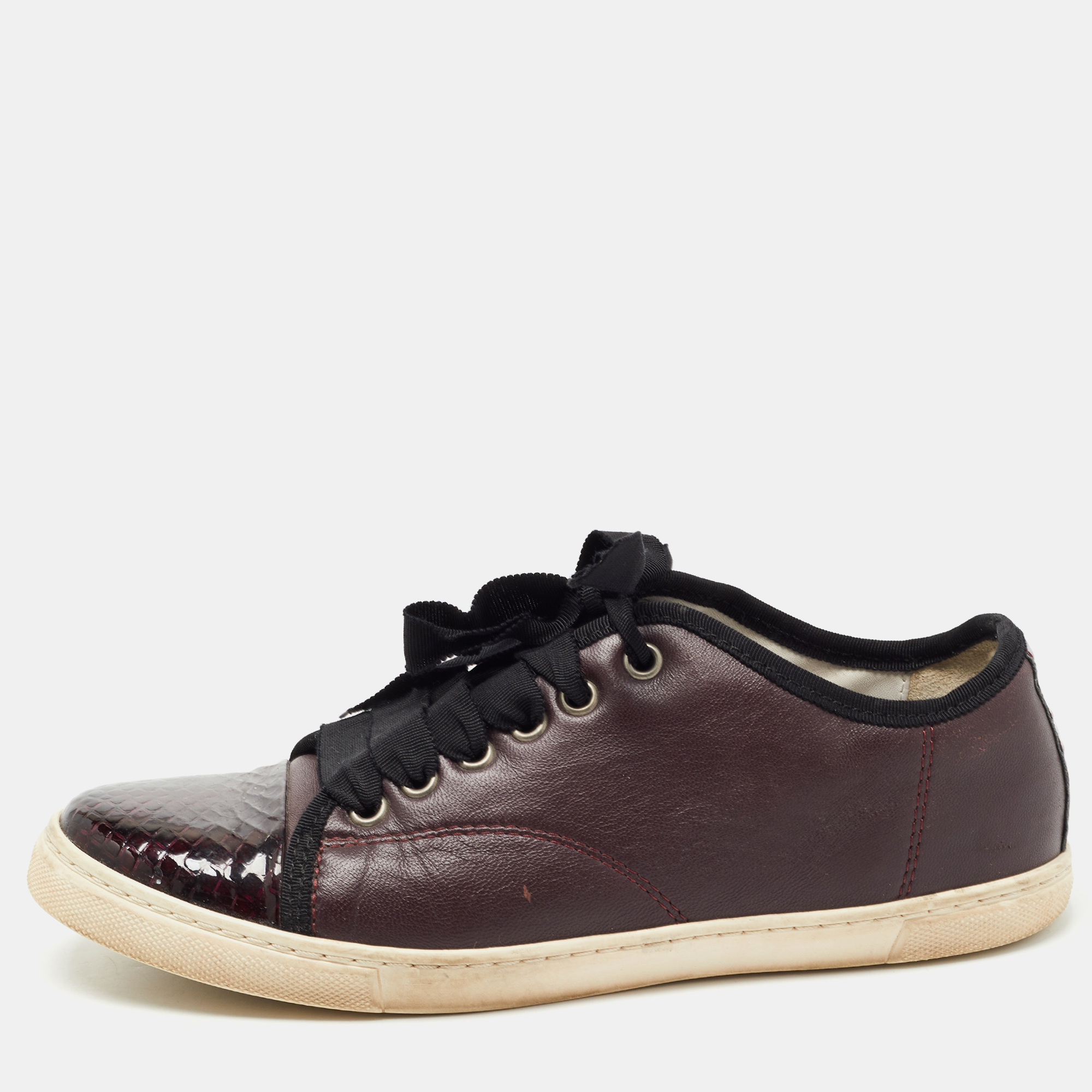 

Lanvin Burgundy Leather and Embossed Python Cap Toe Low Top Sneakers Size
