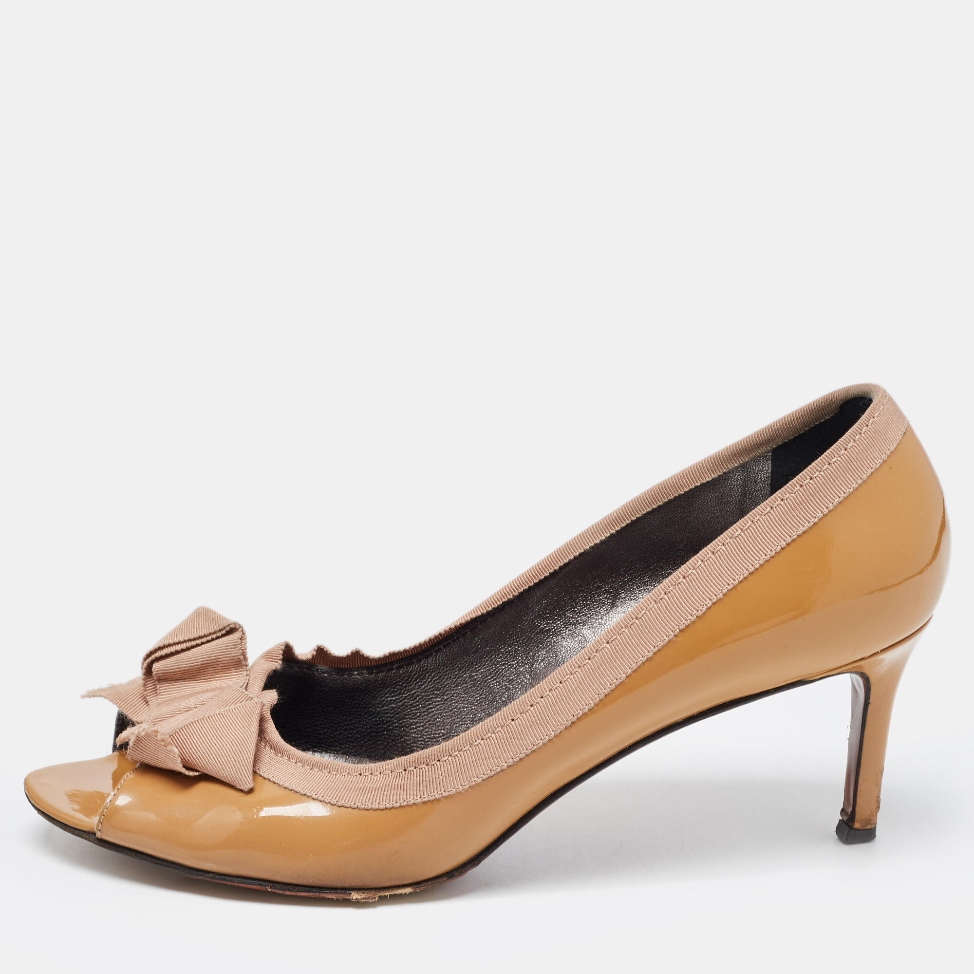 

Lanvin Brown Patent Leather And Fabric Grosgrain Bow Peep Toe Pumps Size
