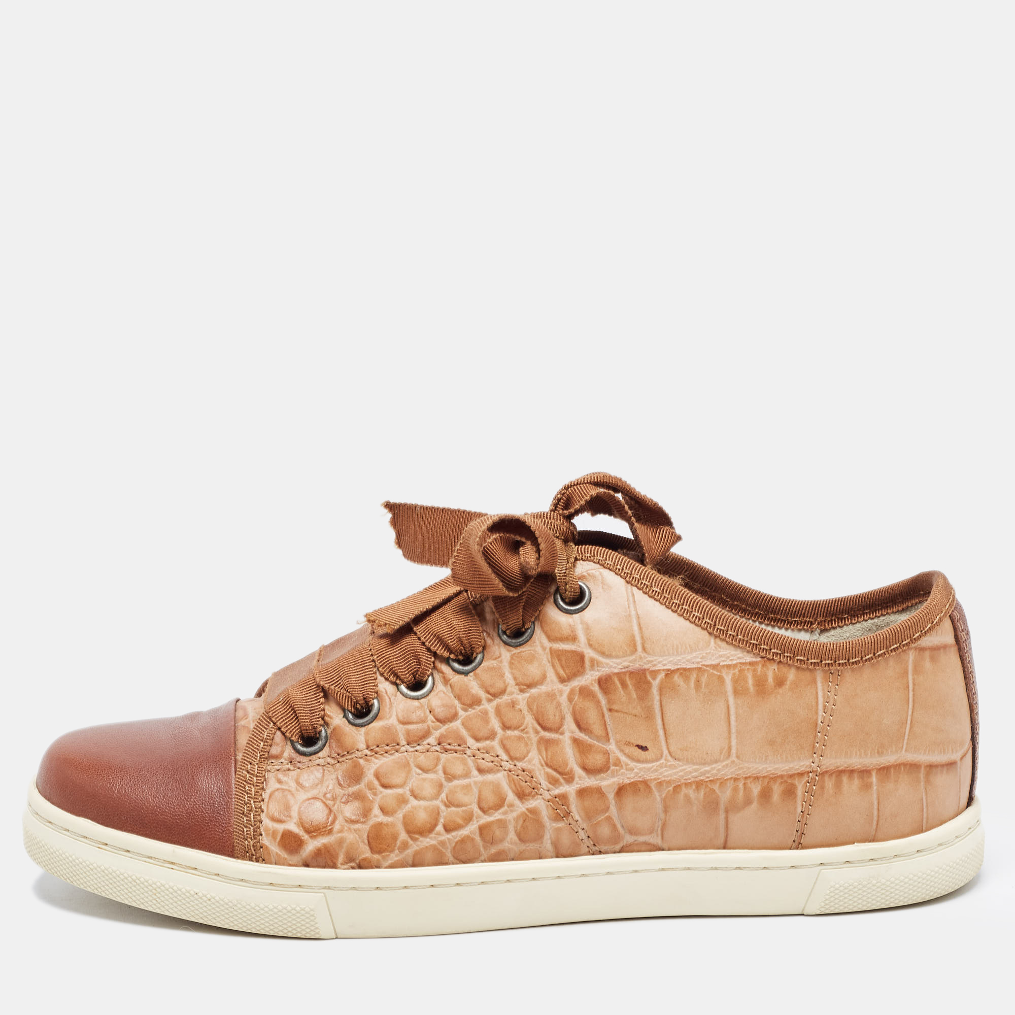 

Lanvin Brown Croc Embossed Leather Lace Up Low Top Sneakers Size