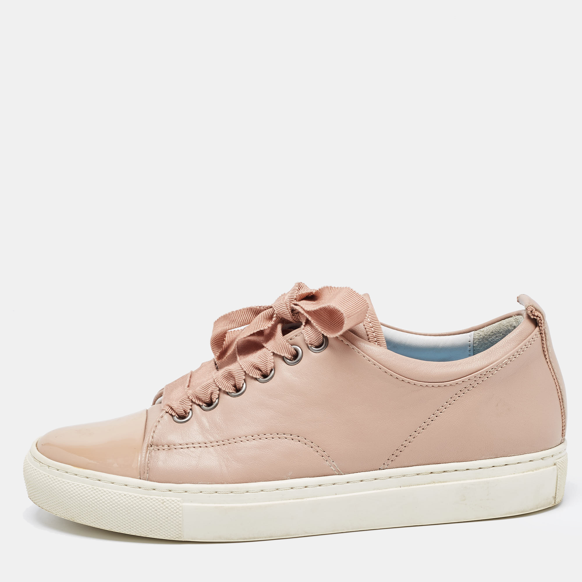 Pre-owned Lanvin Dusty Pink Leather And Patent Cap Toe Low Top Trainers Size 36 In Beige