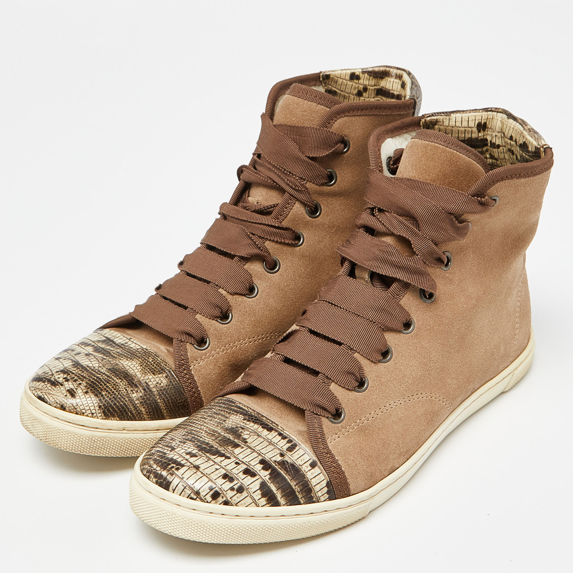 

Lanvin Brown Suede and Lizard Embossed Leather High Top Sneakers Size