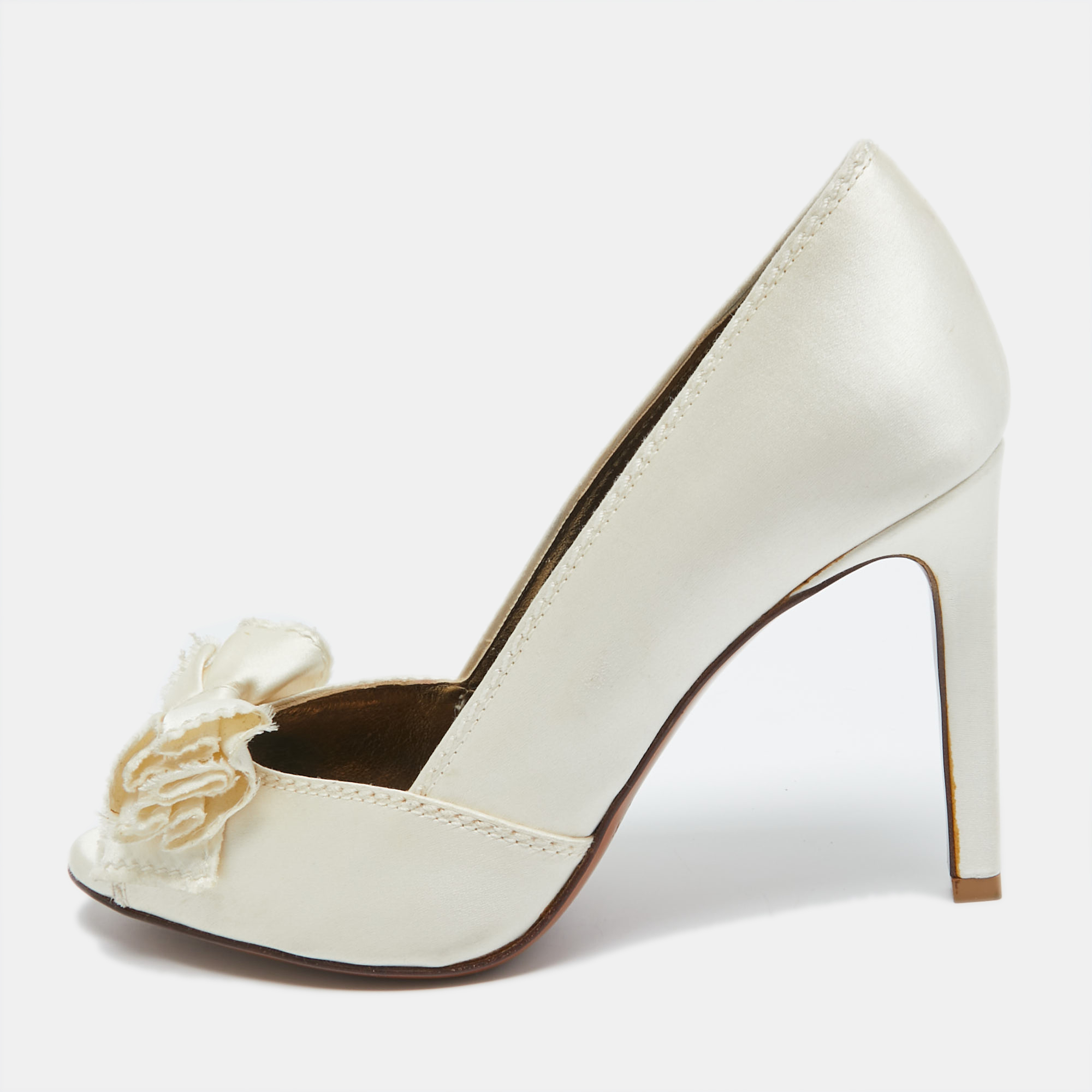 Pre-owned Lanvin Off White Satin Bow Peep Toe Pumps Size 36.5